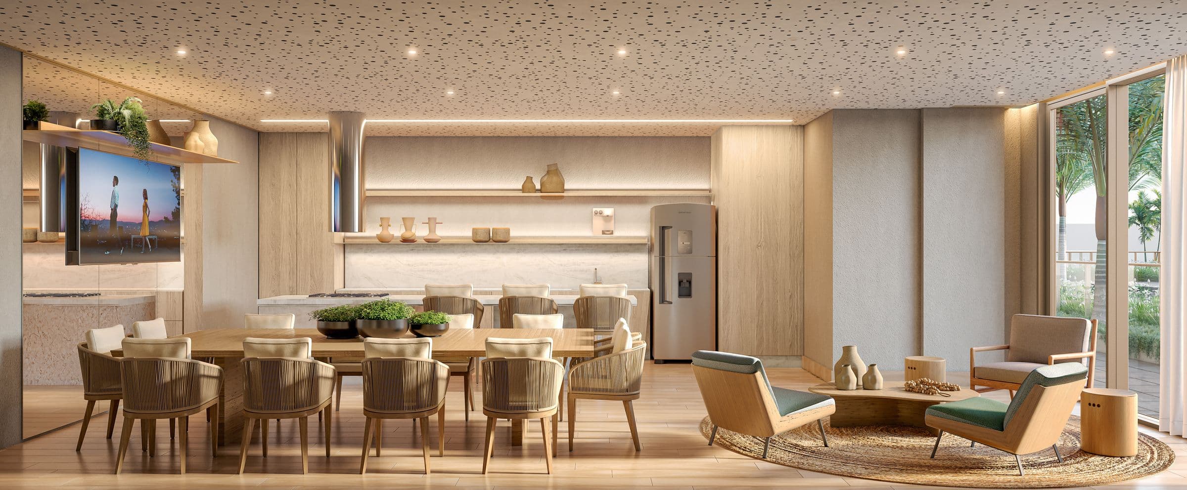 Espaço gourmet de um lançamento TECNA, com mesa de jantar e cozinha integradas