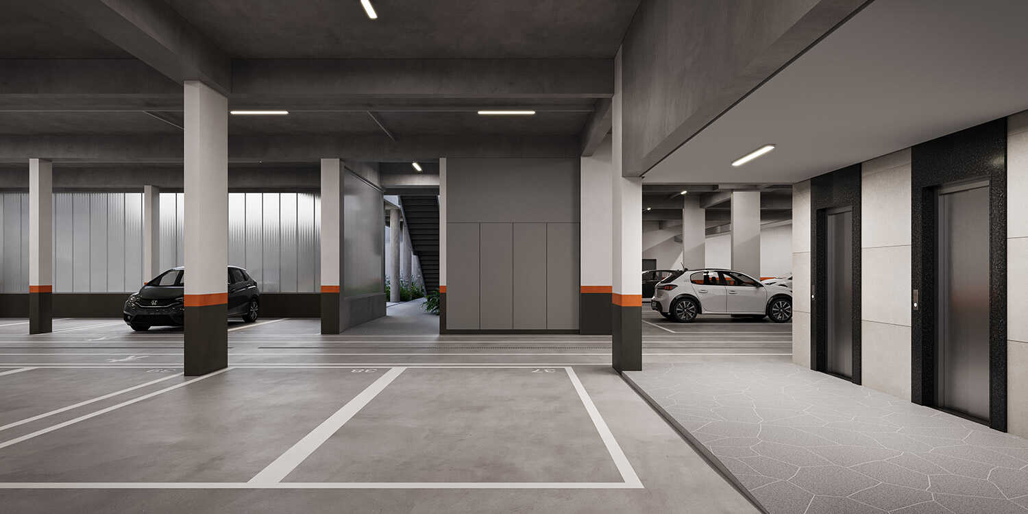Perspectiva da garagem e do hall de elevadores