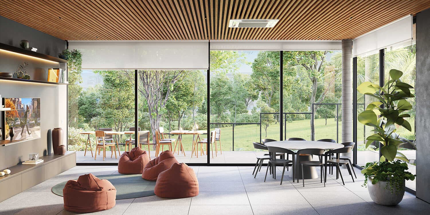 Perspectiva do lounge com puffs voltado para o jardim